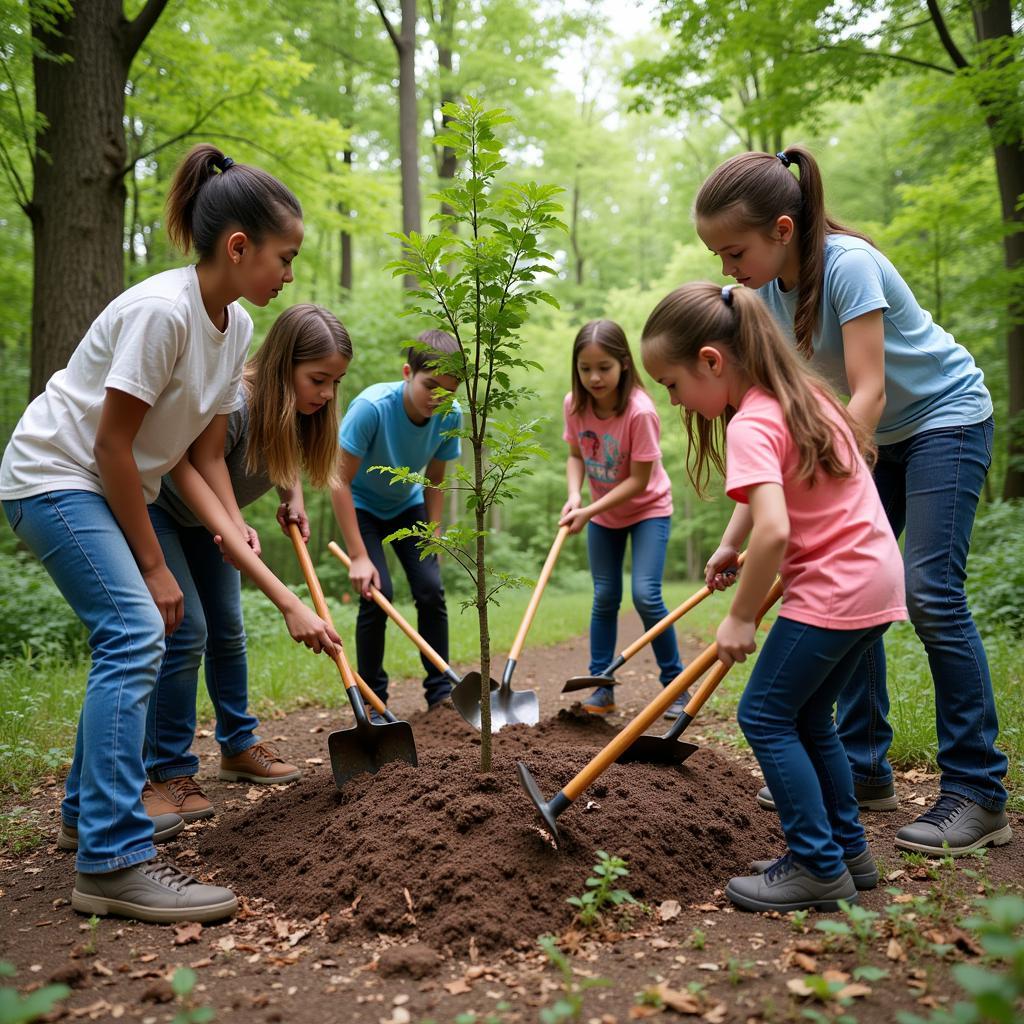 Community members planting trees as part of a wildlife habitat restoration project.