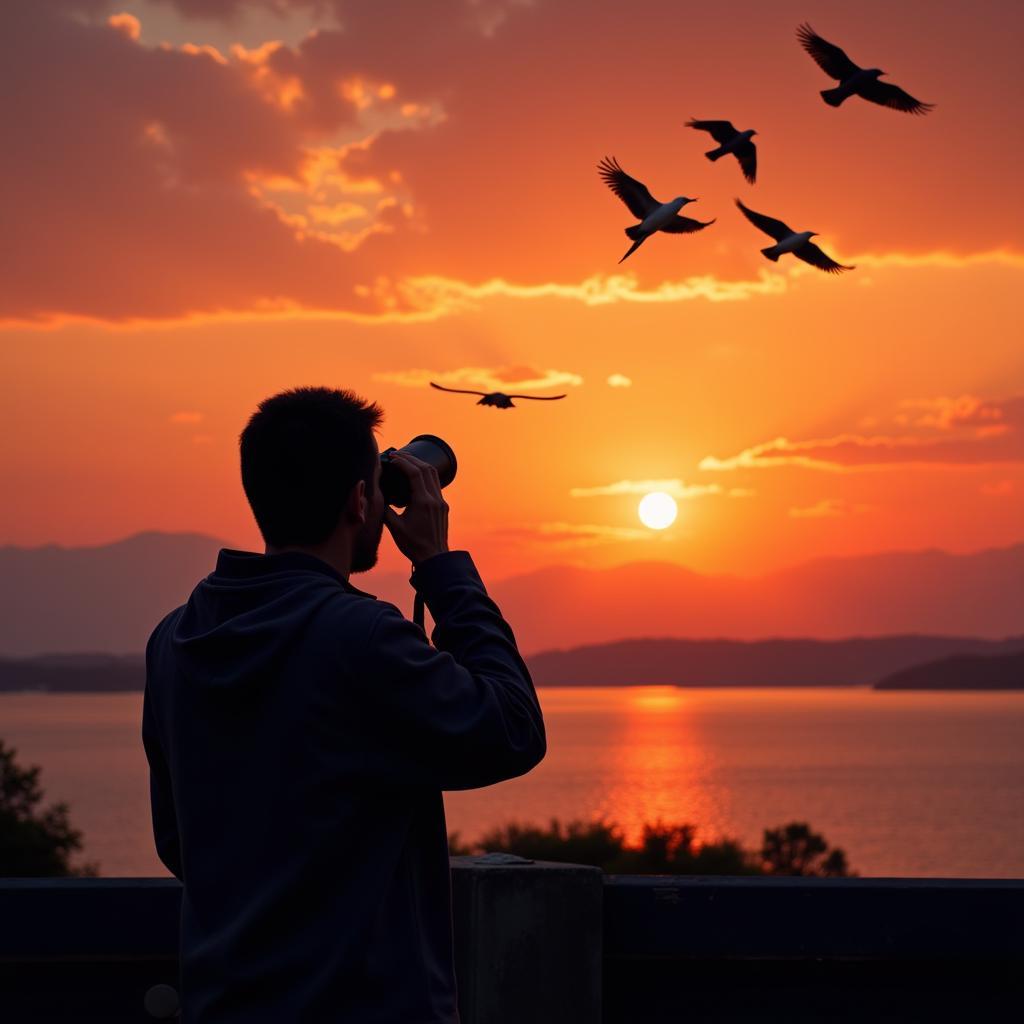 Birdwatcher Observing Birds in Flight with Binoculars