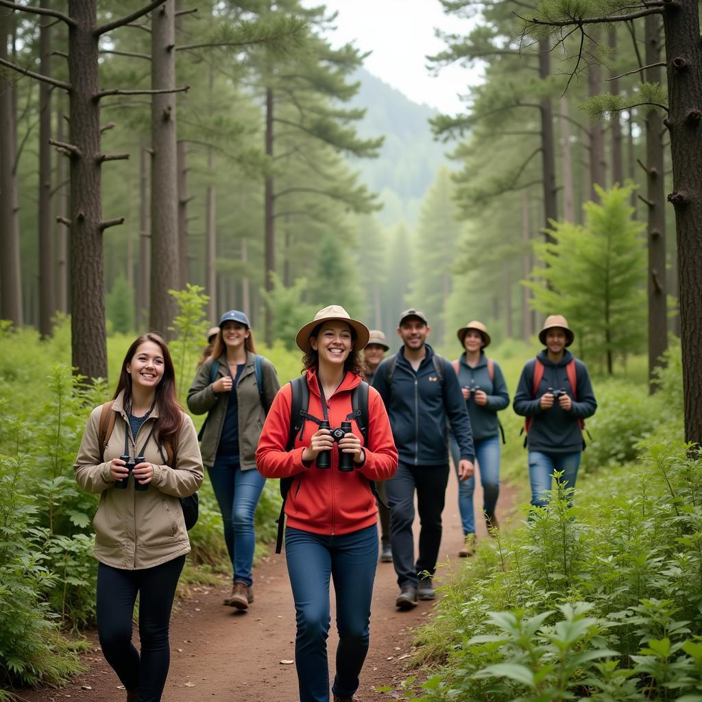 A diverse group of ecotourists exploring a natural environment.