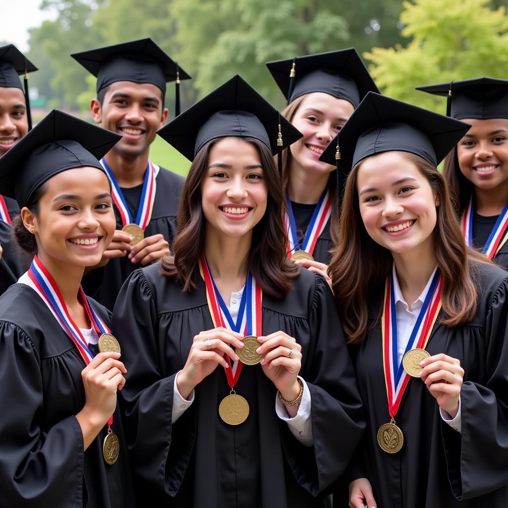 Diverse students celebrating graduation with honor society medallions