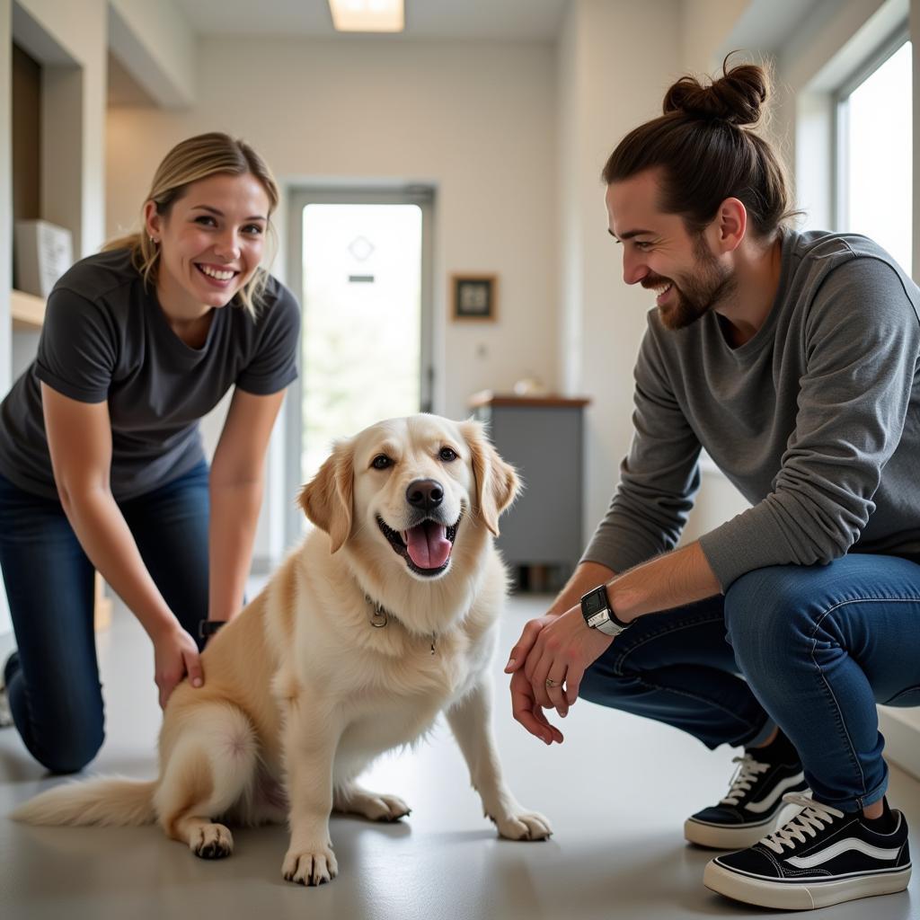 A dog meeting their new owner at a humane society