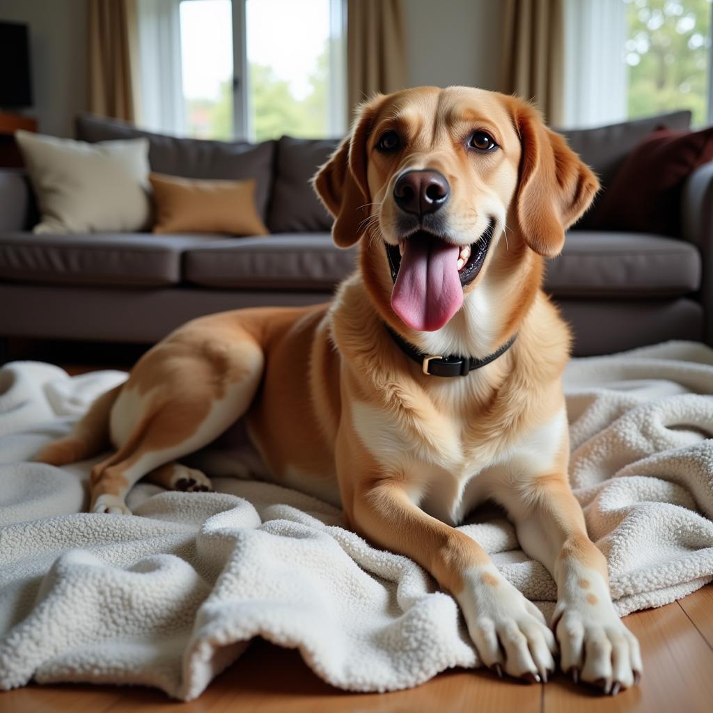 A newly adopted dog relaxing in its new home