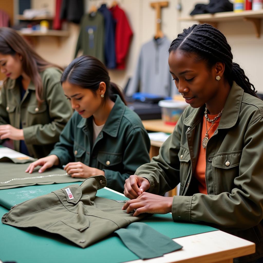 Artisans working in the Eden Society workshop, creating Laysha cargo jackets.