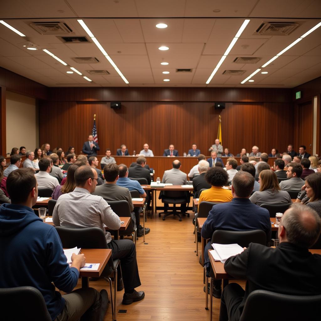 People participating in a town hall meeting, discussing community issues and engaging in civic discourse.