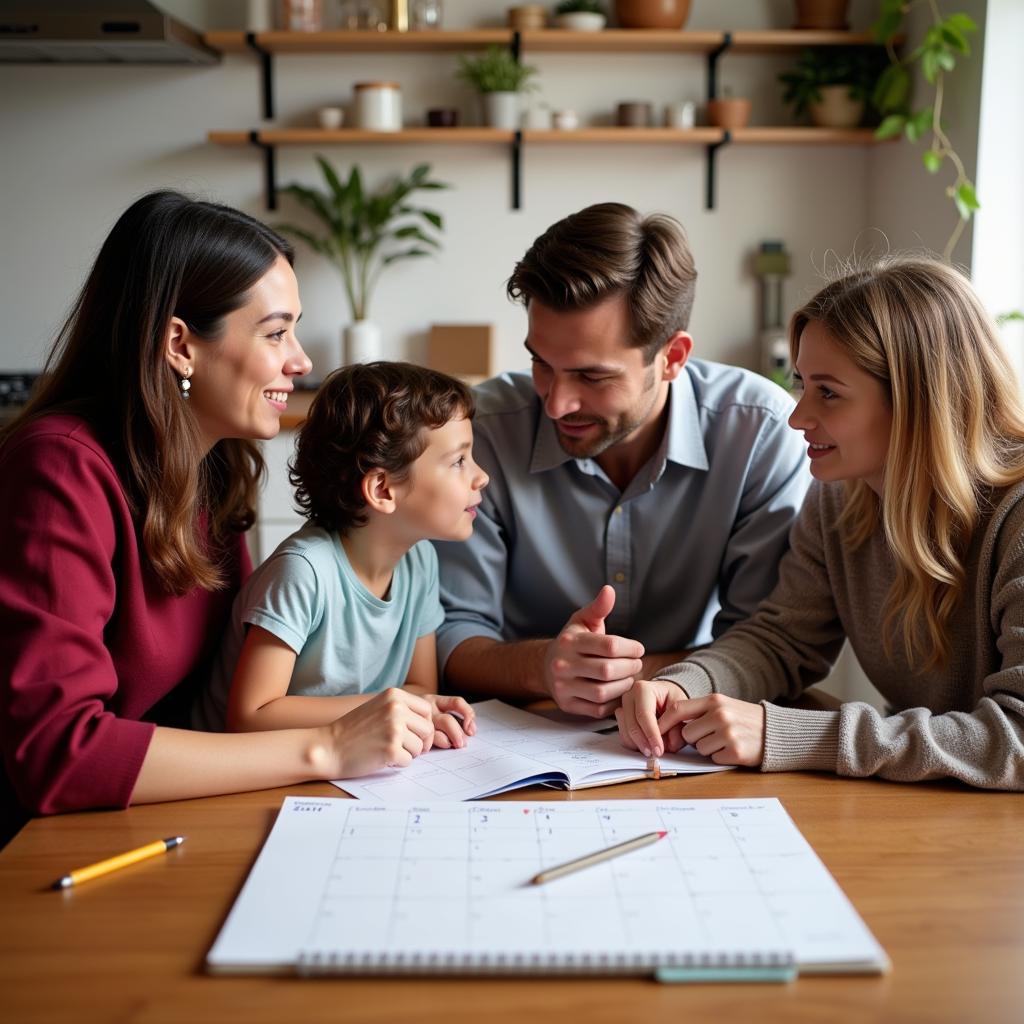 Family sitting around a table discussing their schedules, representing open communication and planning.