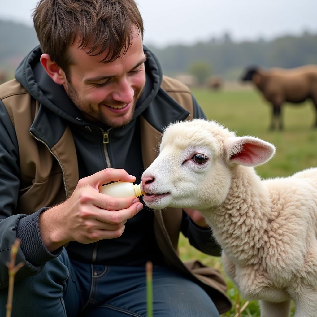 Farmer Caring for Badger Face Sheep