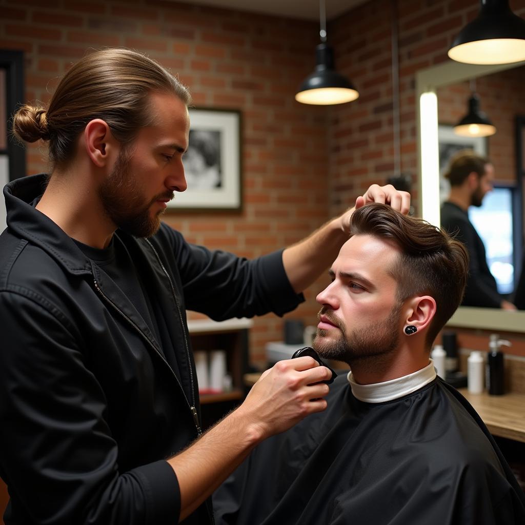 A man getting a haircut in a society barber shop