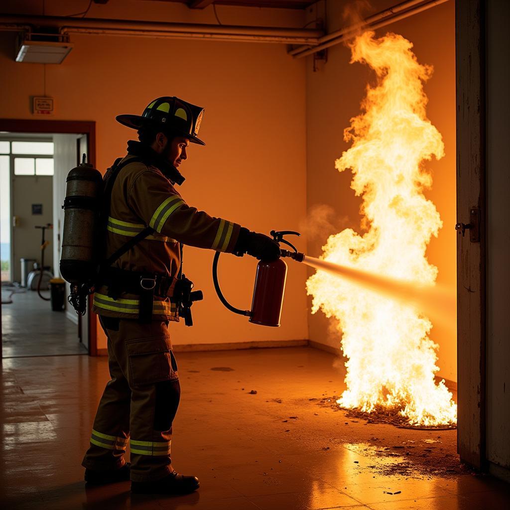 Firefighter undergoing training with a fire extinguisher