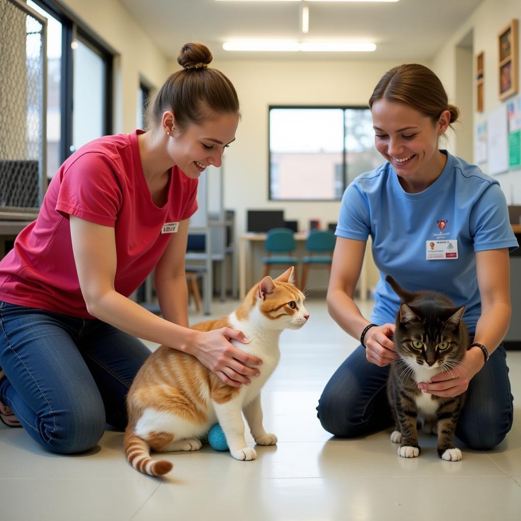 Volunteers at the Fishers Humane Society playing with cats.