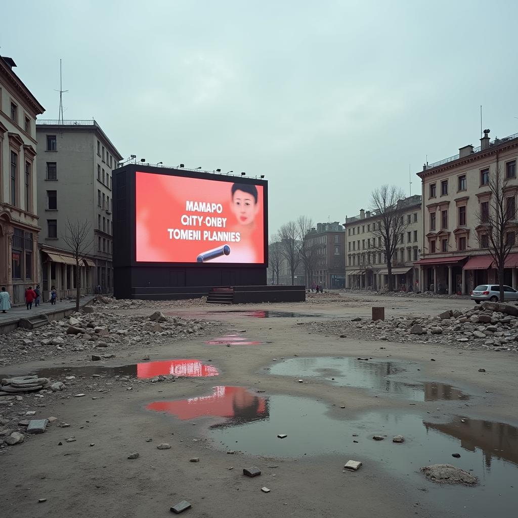 A large screen displaying propaganda in a desolate urban setting.