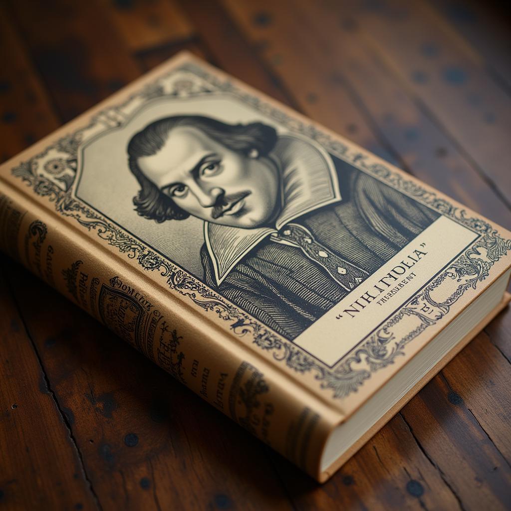 A close-up of a single Folio Society Shakespeare edition showcasing the details of its design