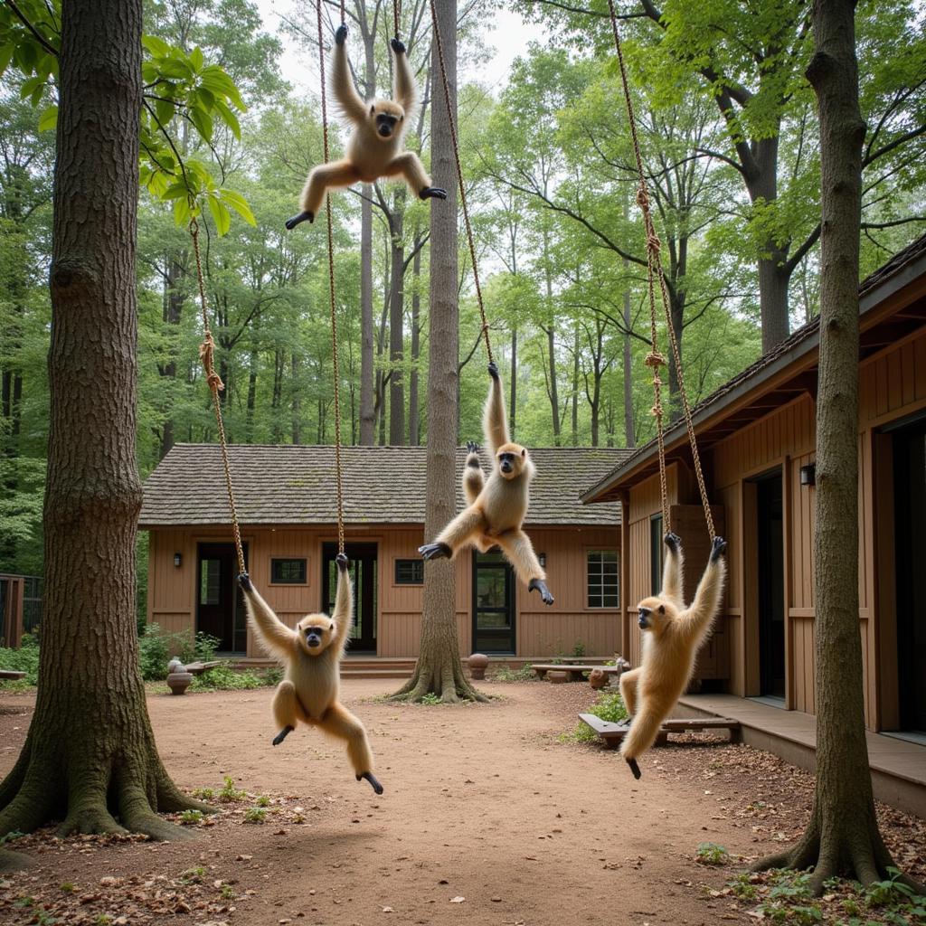 Gibbons Swinging in a Rehabilitation Center