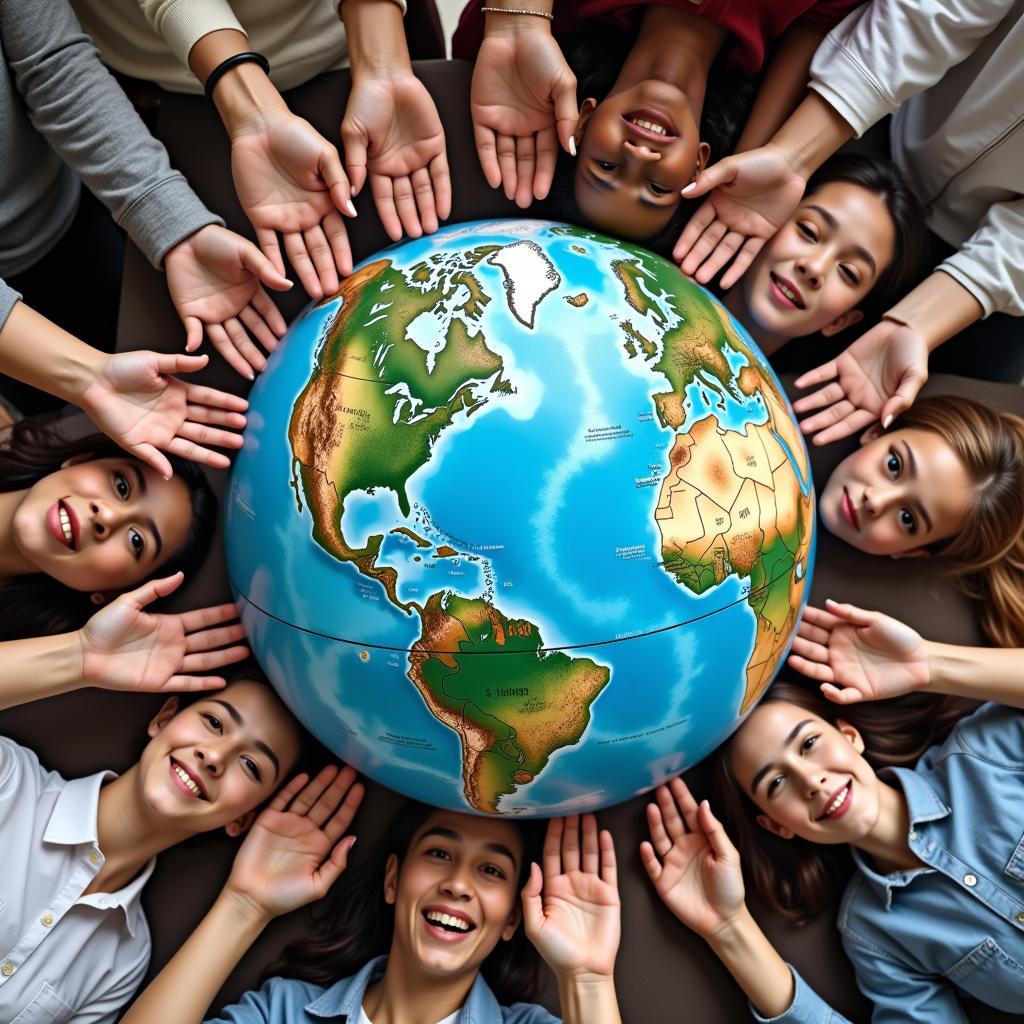 A diverse group of people holding hands, symbolizing global unity and peace.