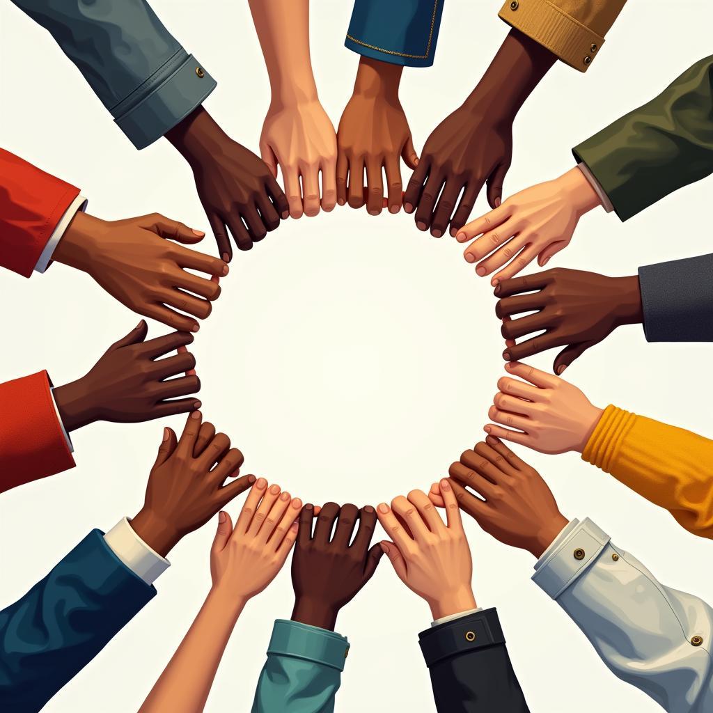 Diverse individuals holding hands in a circle, symbolizing global unity