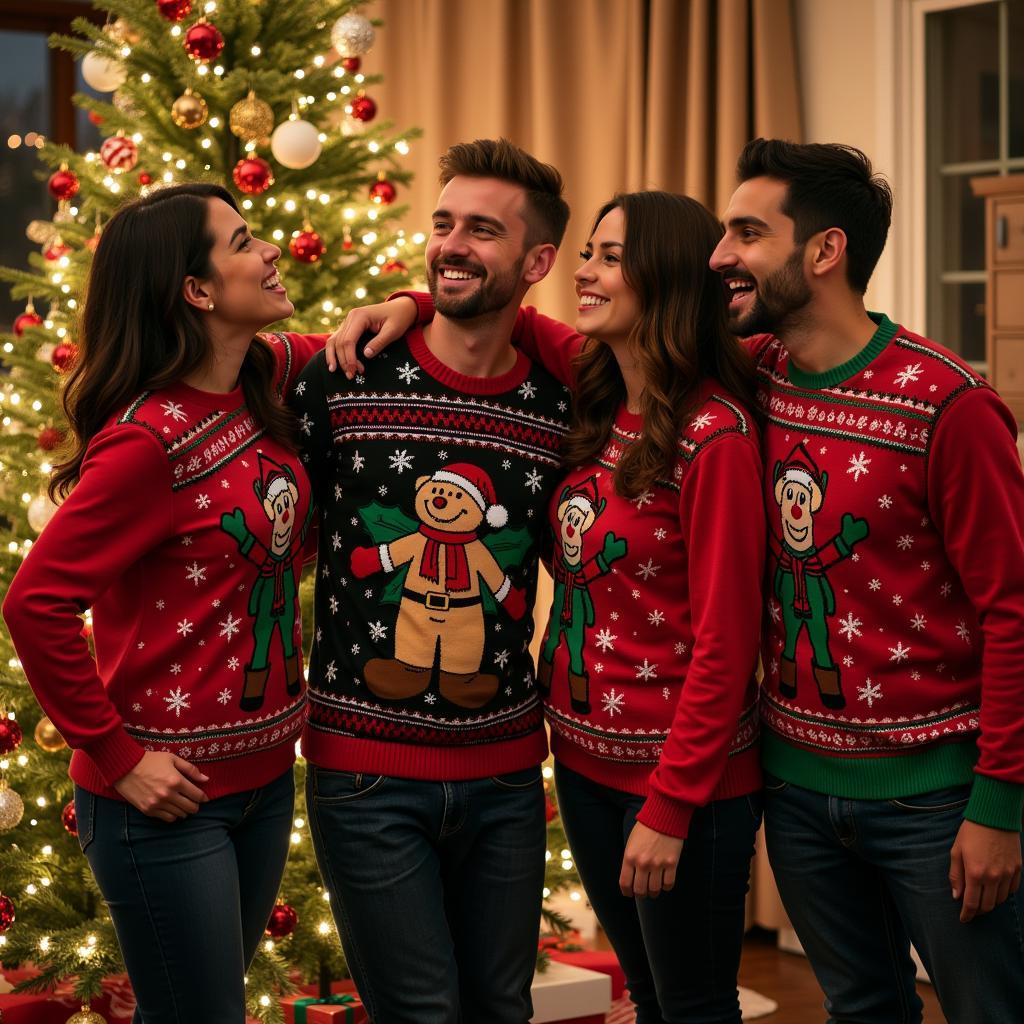 Group of Friends Wearing Black Label Society Christmas Sweaters at a Holiday Gathering