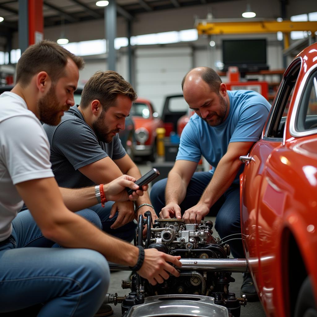 Group of People Working on a Car with Manual Transmission