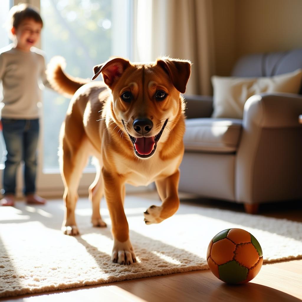 A dog happily playing in its new home