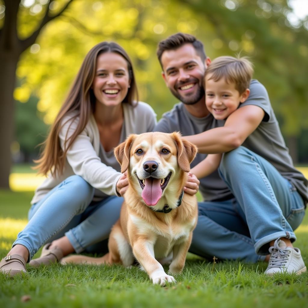 A happy family with their newly adopted dog