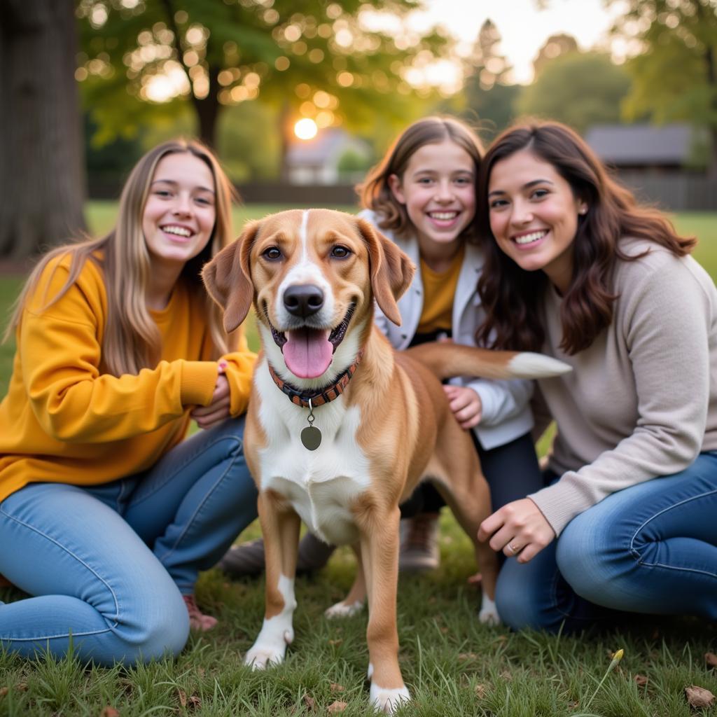 A happy family adopting a dog