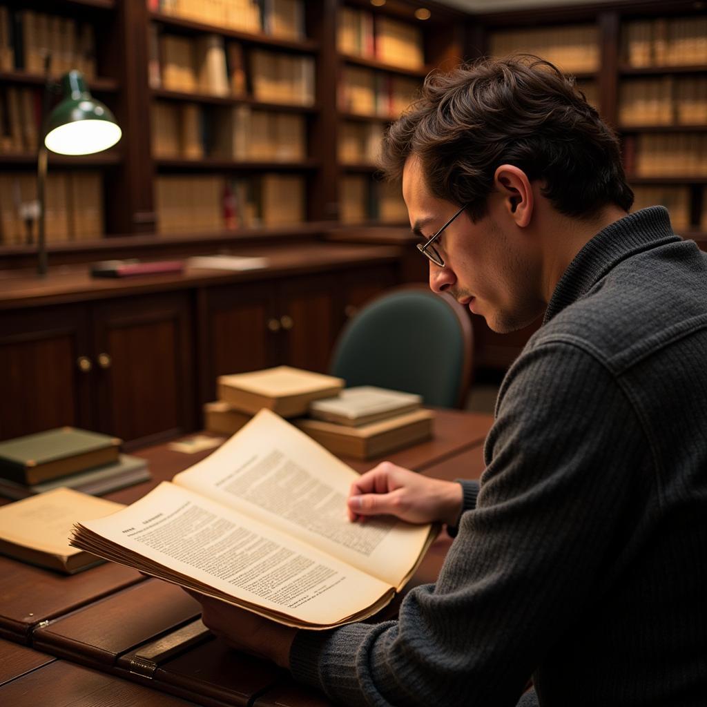 Researcher examining documents at the Harvard Historical Society.