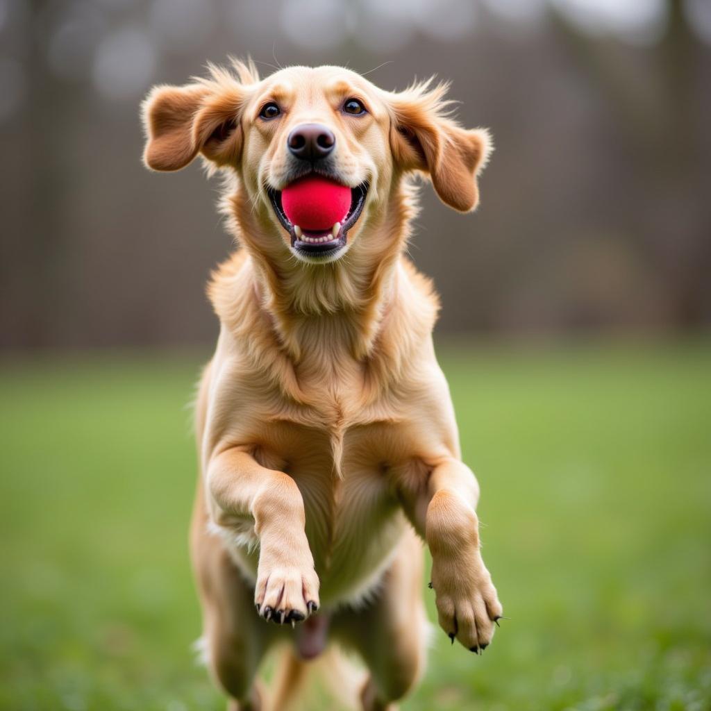 A photo of a happy dog playing with a toy at the Haven Humane Society adoption center.