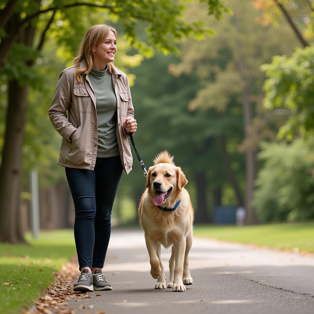 Houston Humane Society volunteer walking a dog