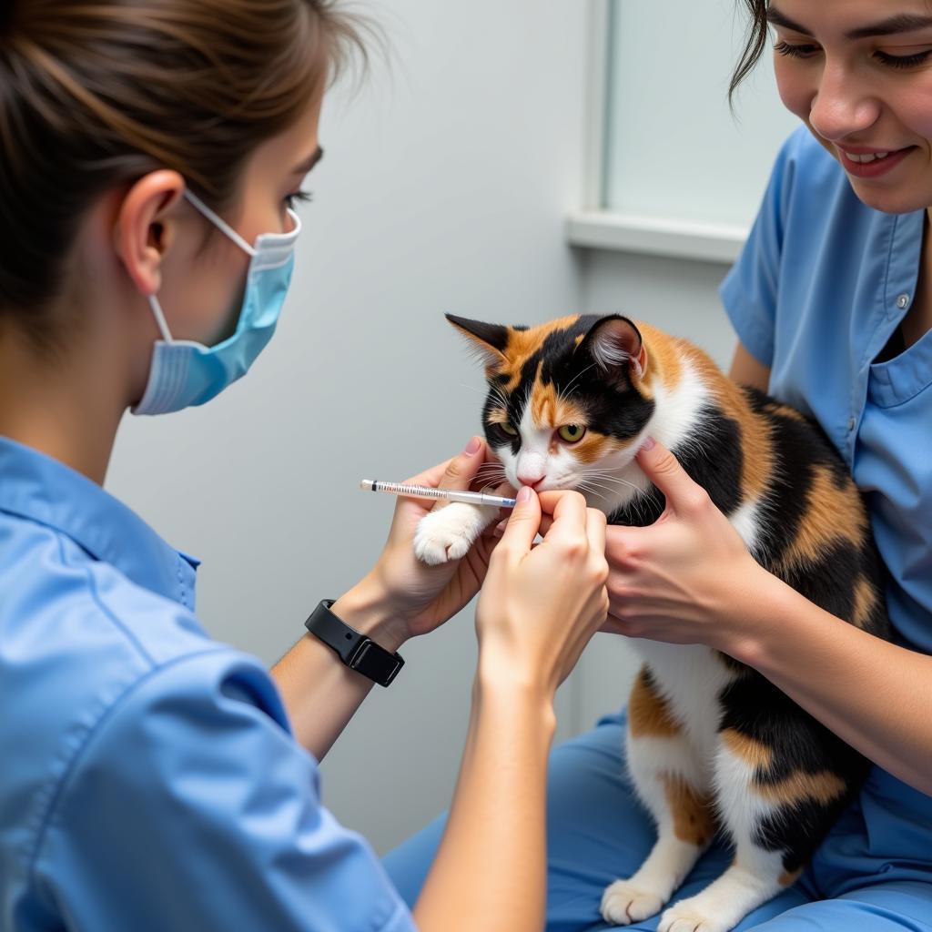 Cat receiving a vaccination at the Humane Society of Huron Valley