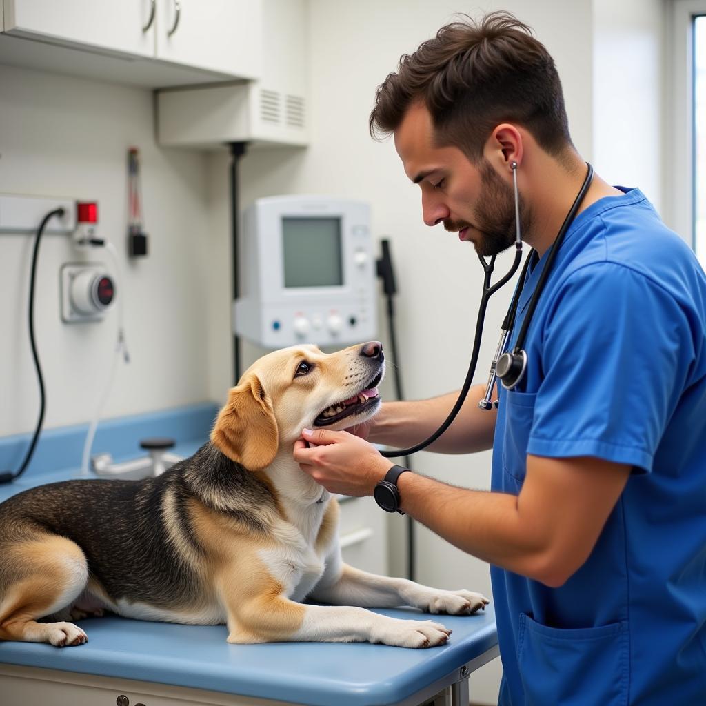 Veterinarian examining a dog at a humane society