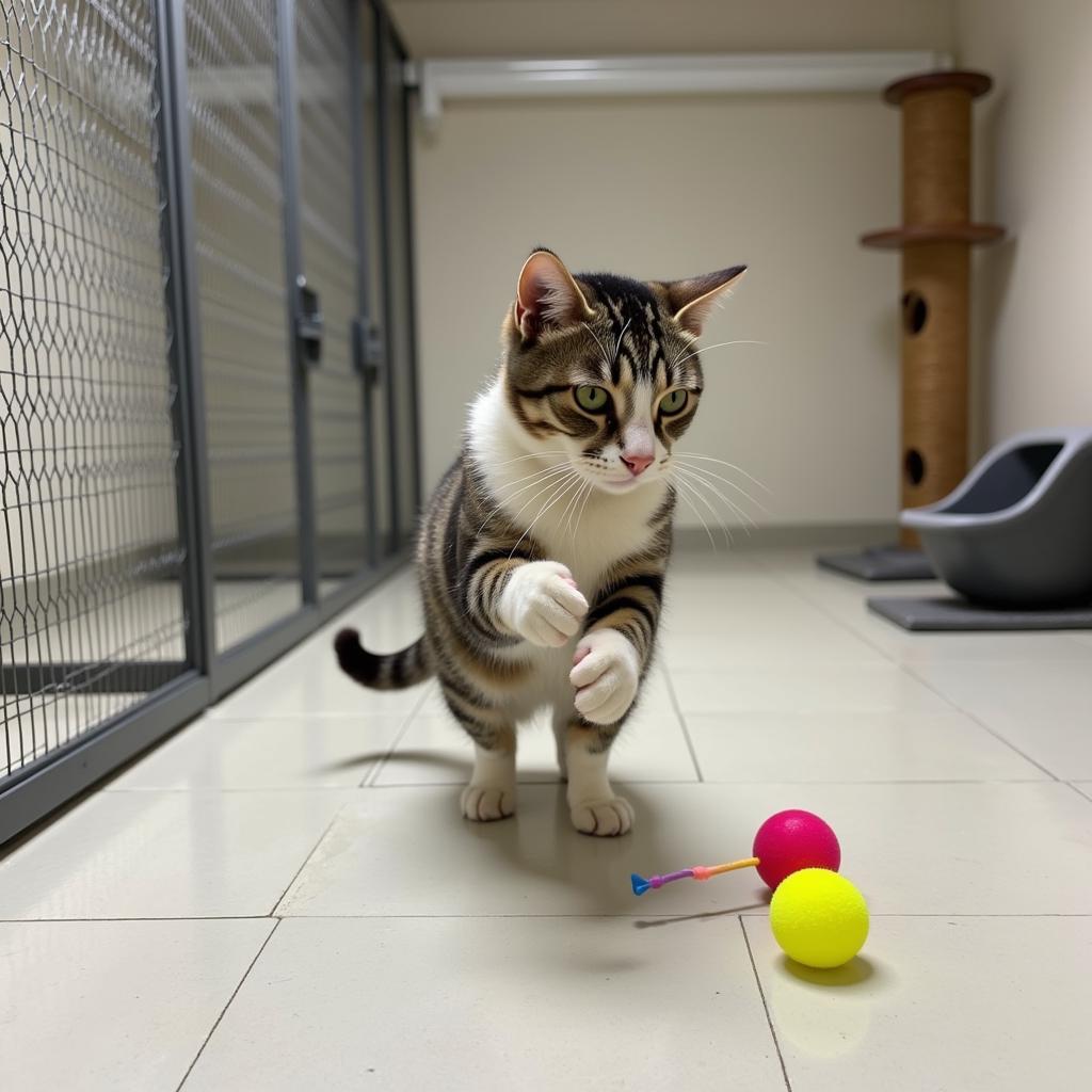 Cat Playing with Toy at a Humane Society Kennel