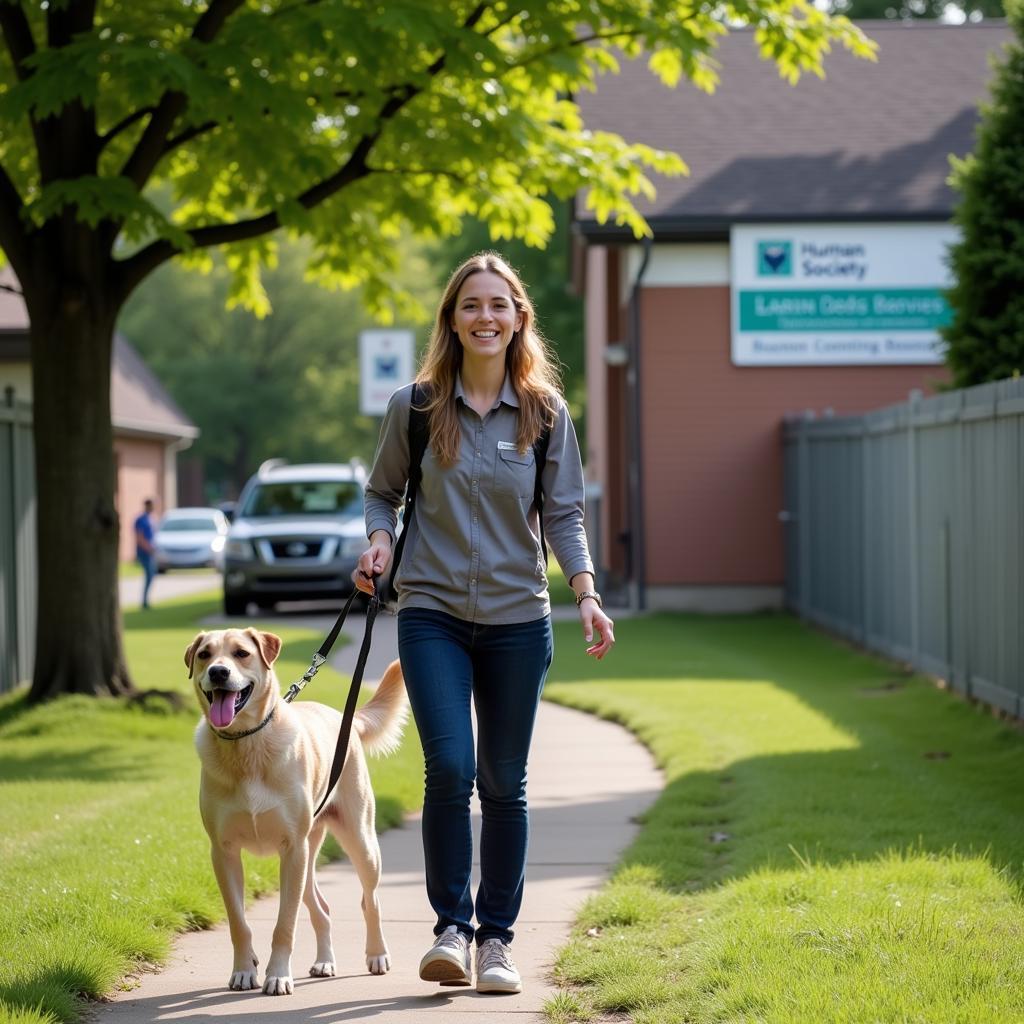 Volunteer Walking a Dog at a Humane Society Kennel