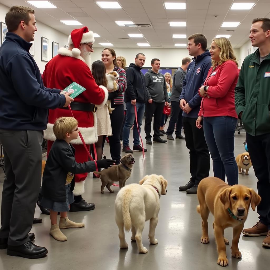 Pets lining up for photos with Santa at a humane society.