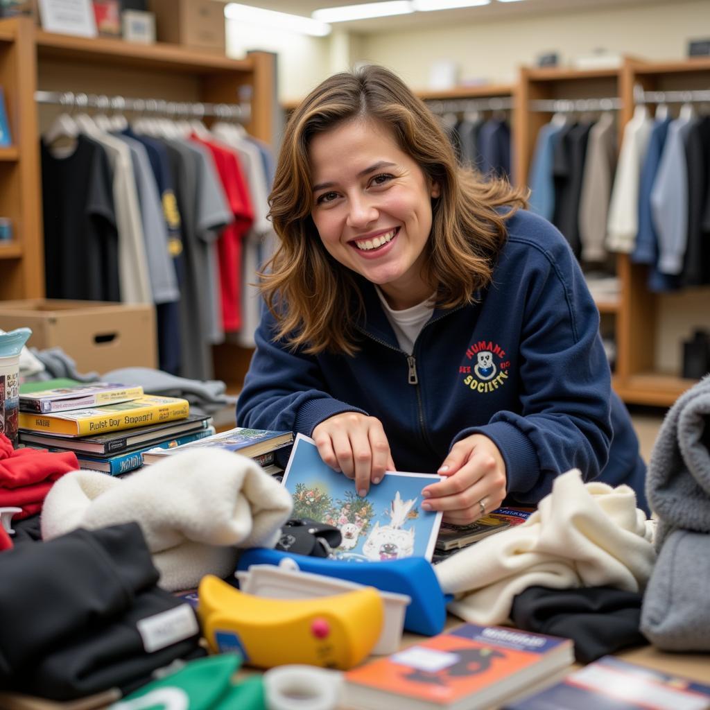 Volunteer sorting donated items at humane society thrift store