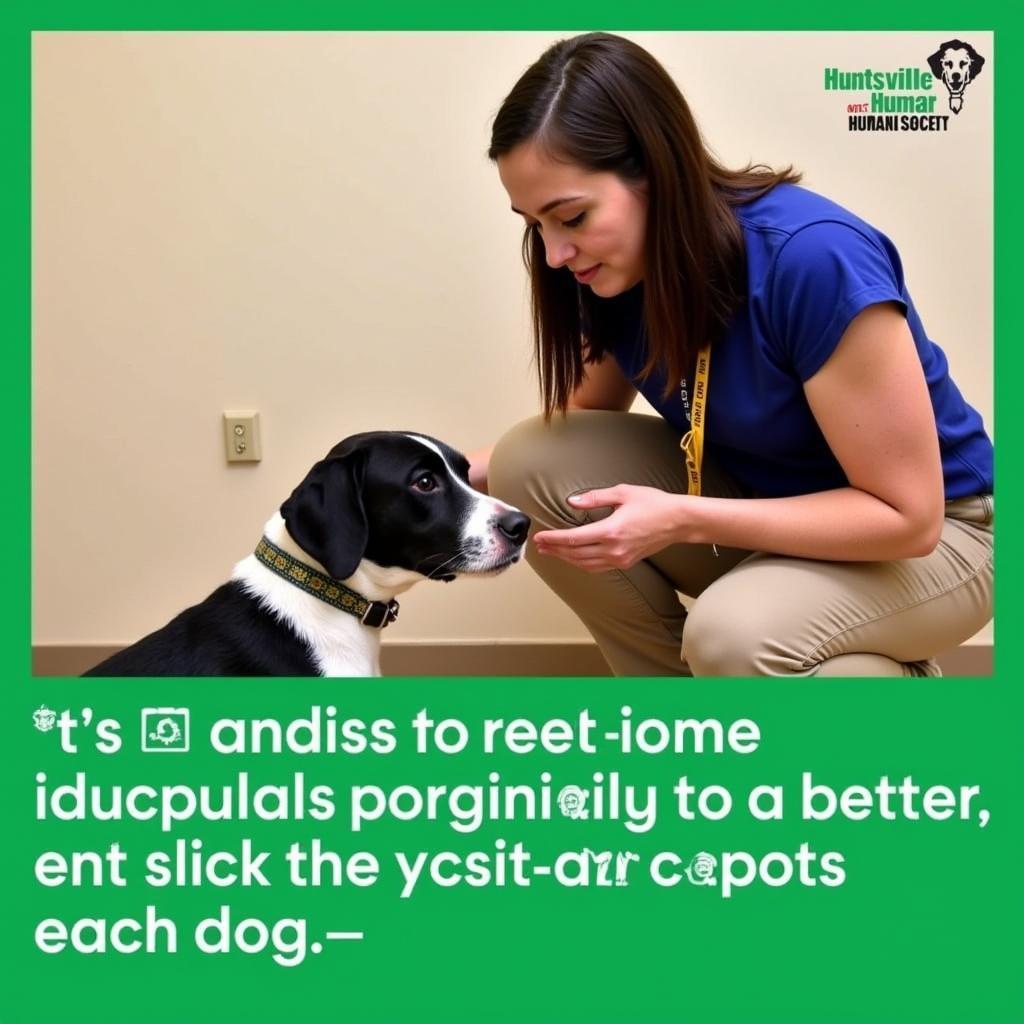 A volunteer at the Huntsville Humane Society interacting with a dog