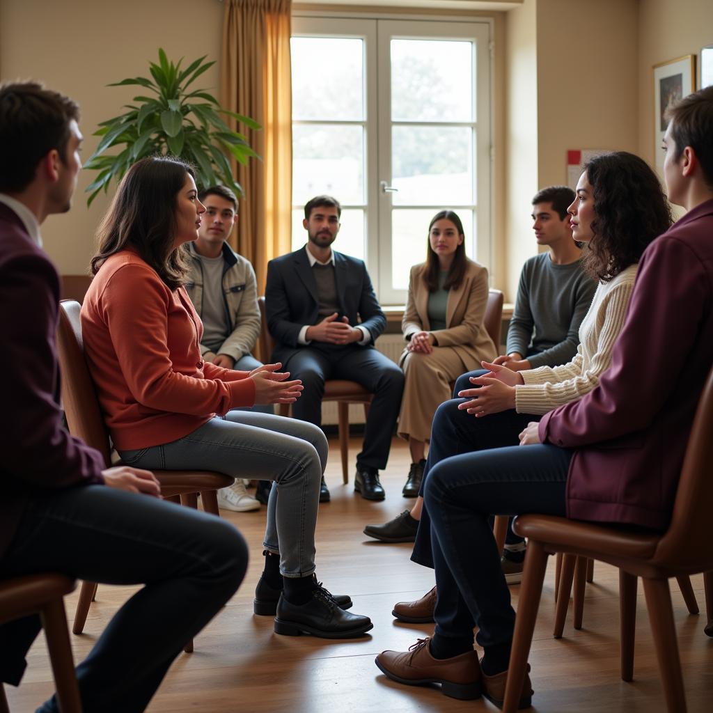 People from different cultures engaging in a respectful conversation, showcasing the importance of intercultural dialogue in achieving peace.