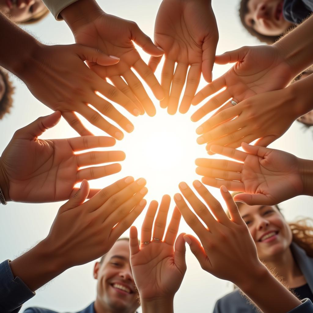 Hands of diverse people joined together symbolizing unity and collaboration for peace.