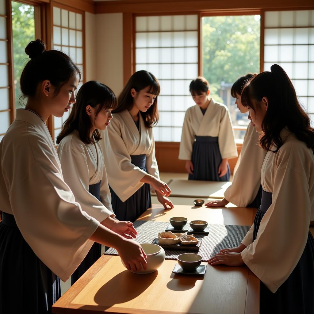 Students participating in a traditional Japanese tea ceremony during a Japan Society class.