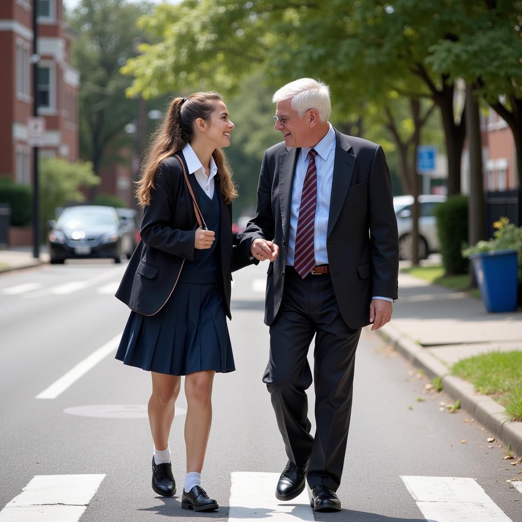 Student helping an elderly person cross the street