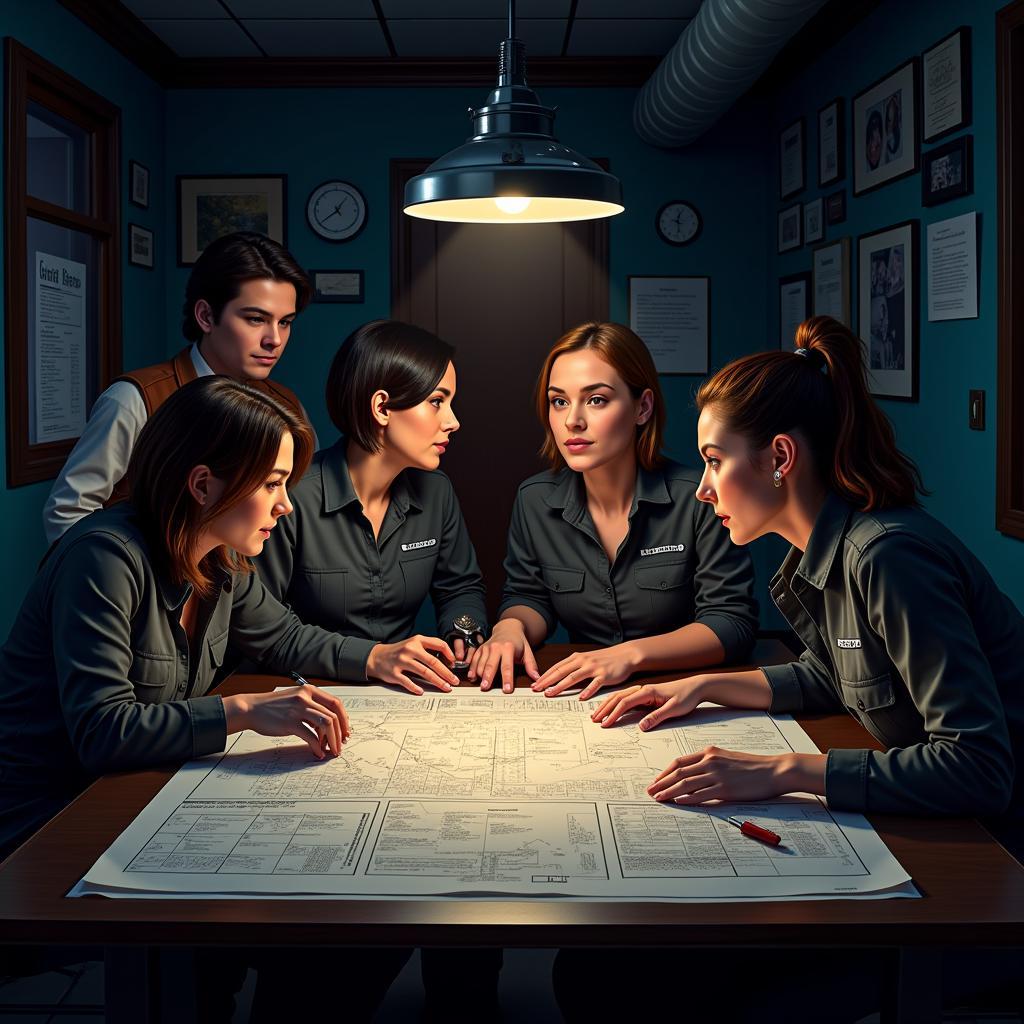 Kat Bishop and her crew meticulously planning a heist in a dimly lit room