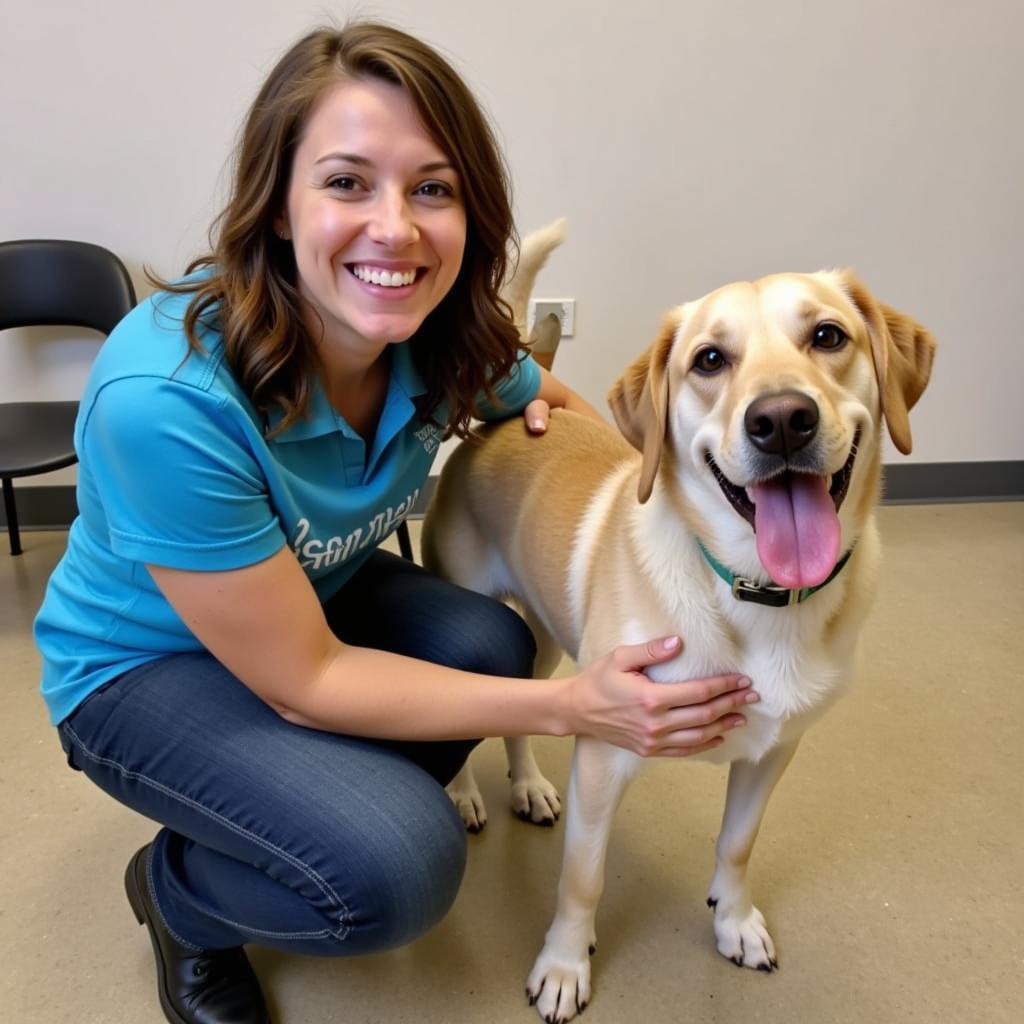 A volunteer interacts with a dog at the Kearney Humane Society.