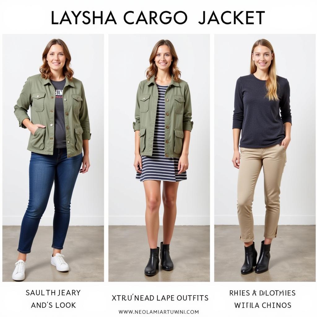 A model wearing the Laysha cargo jacket with different outfits, showcasing its versatility.