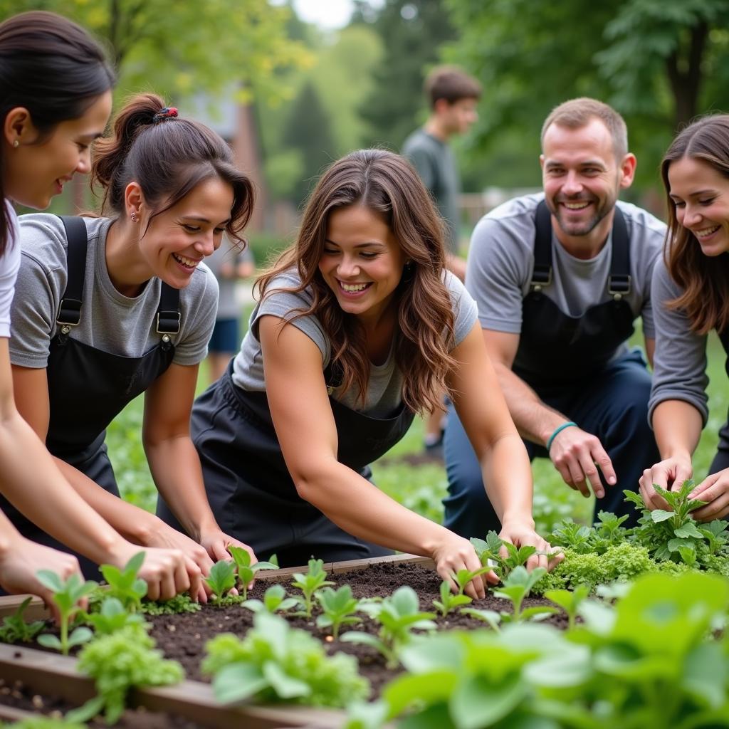 People volunteering at a community garden, laughing and working together.