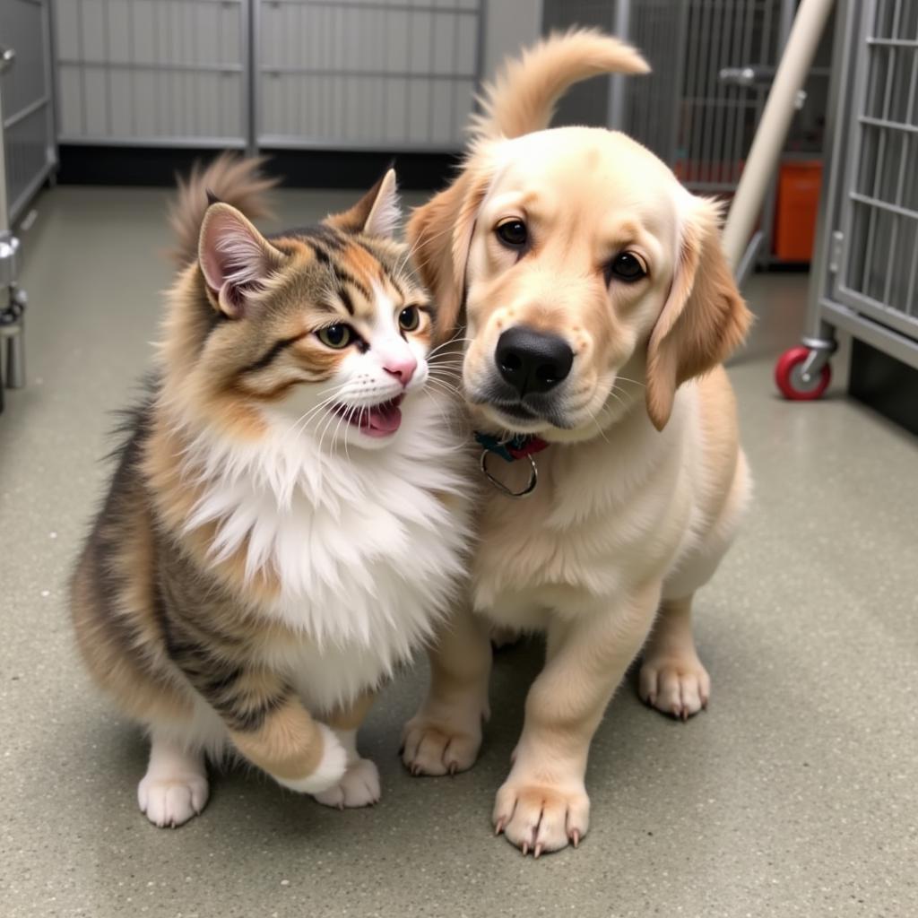 A cat and dog playing together at the Lowell Humane Society