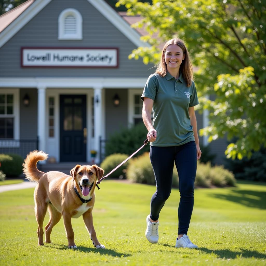 A volunteer walking a dog at the Lowell Humane Society