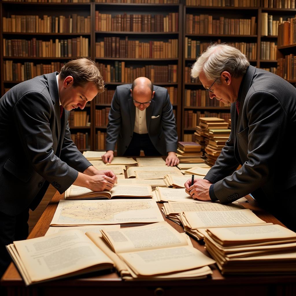 Researchers examining historical documents in the Middlesex County Historical Society archives