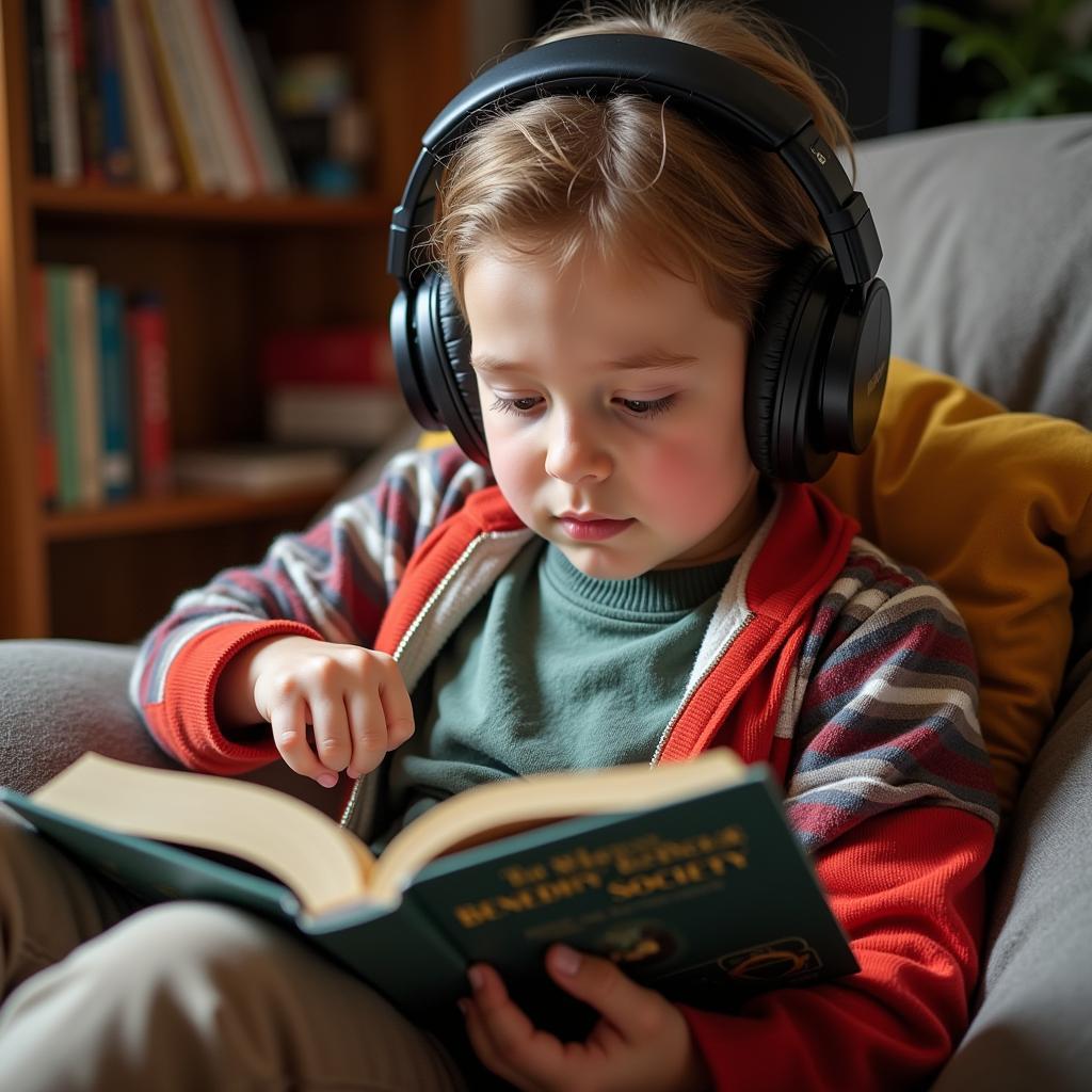 A child listening to The Mysterious Benedict Society audiobook