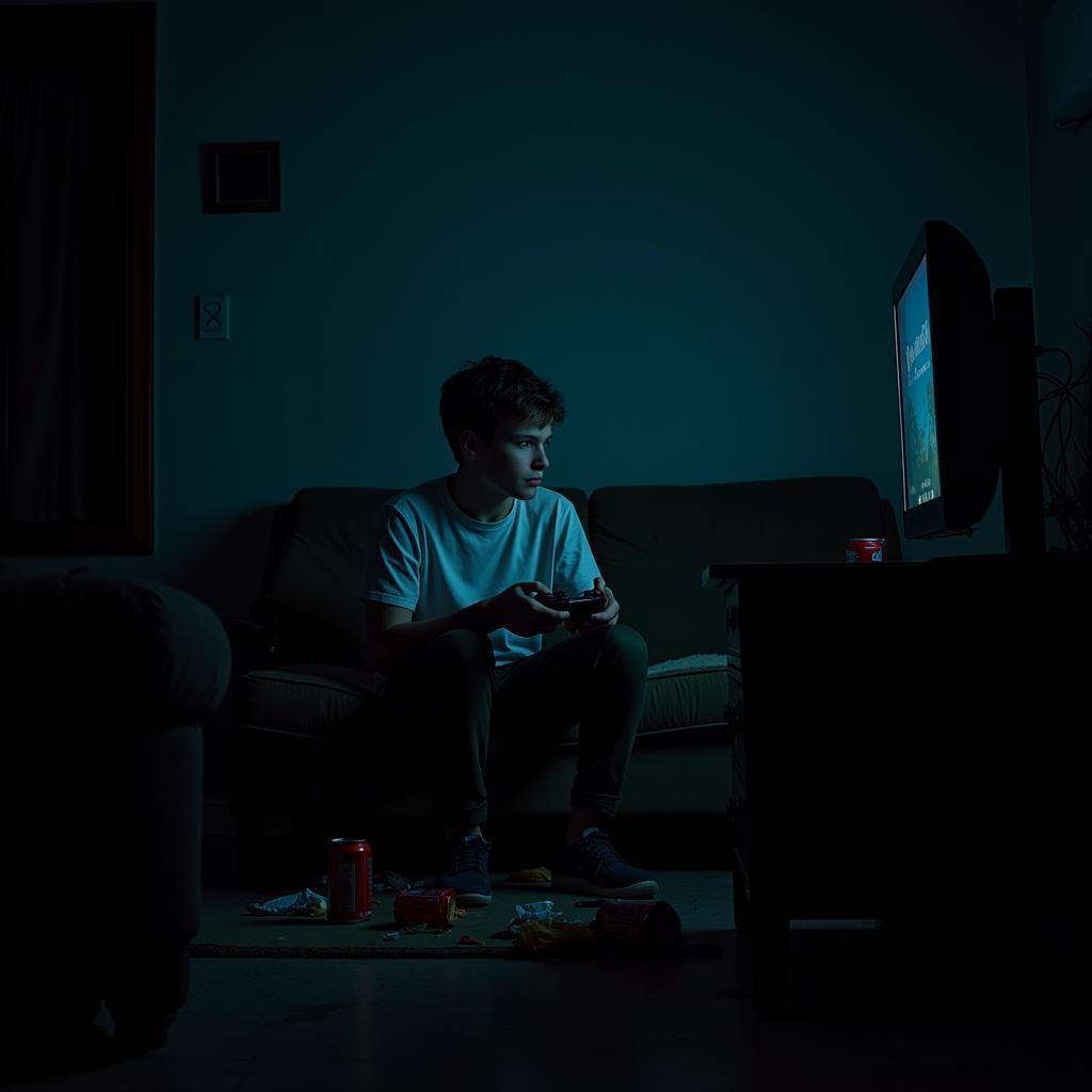 Teenager Playing Video Games in Dark Room, Illustrating Potential Negative Impacts of Excessive Gaming