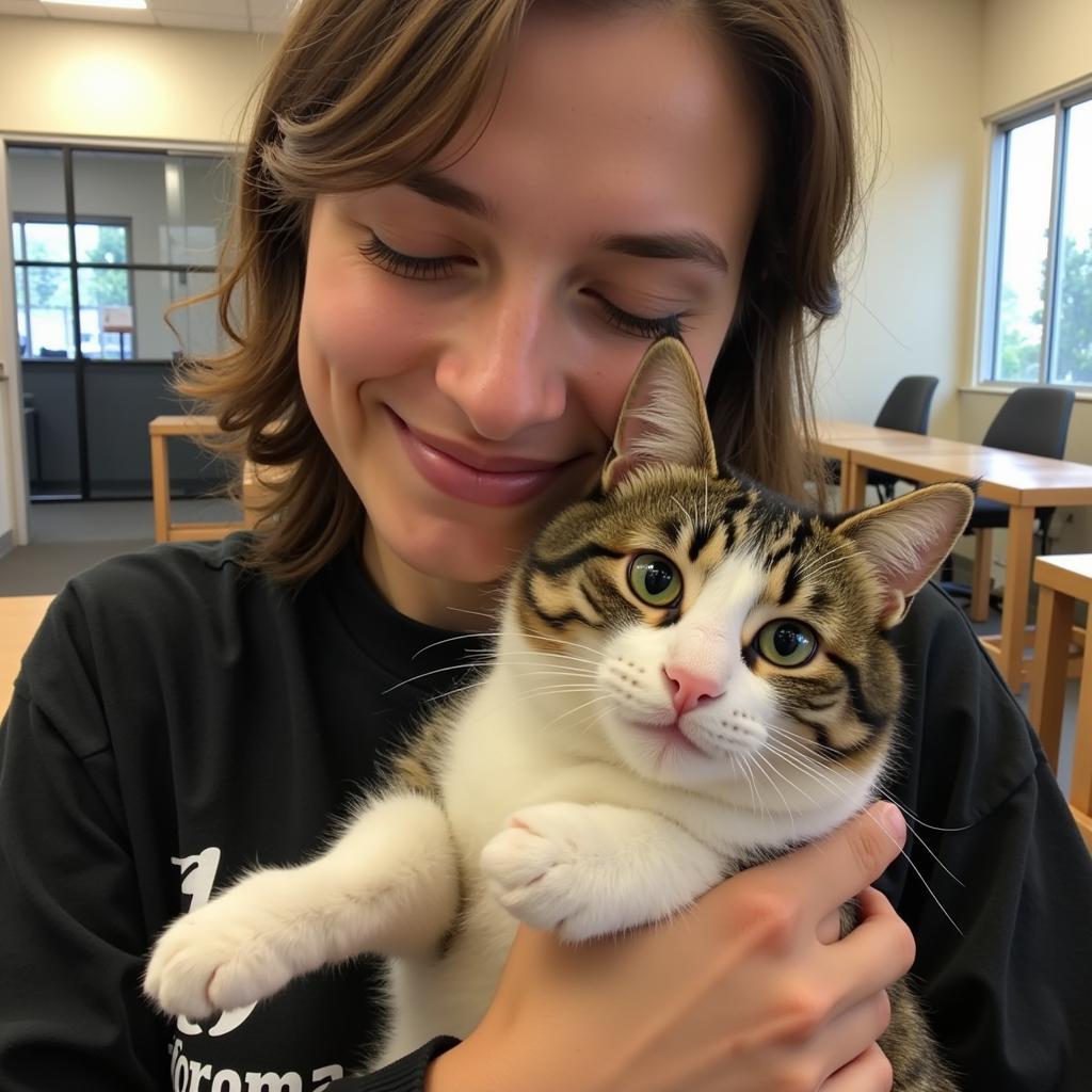 Volunteer cuddling a cat at Noco Humane Society