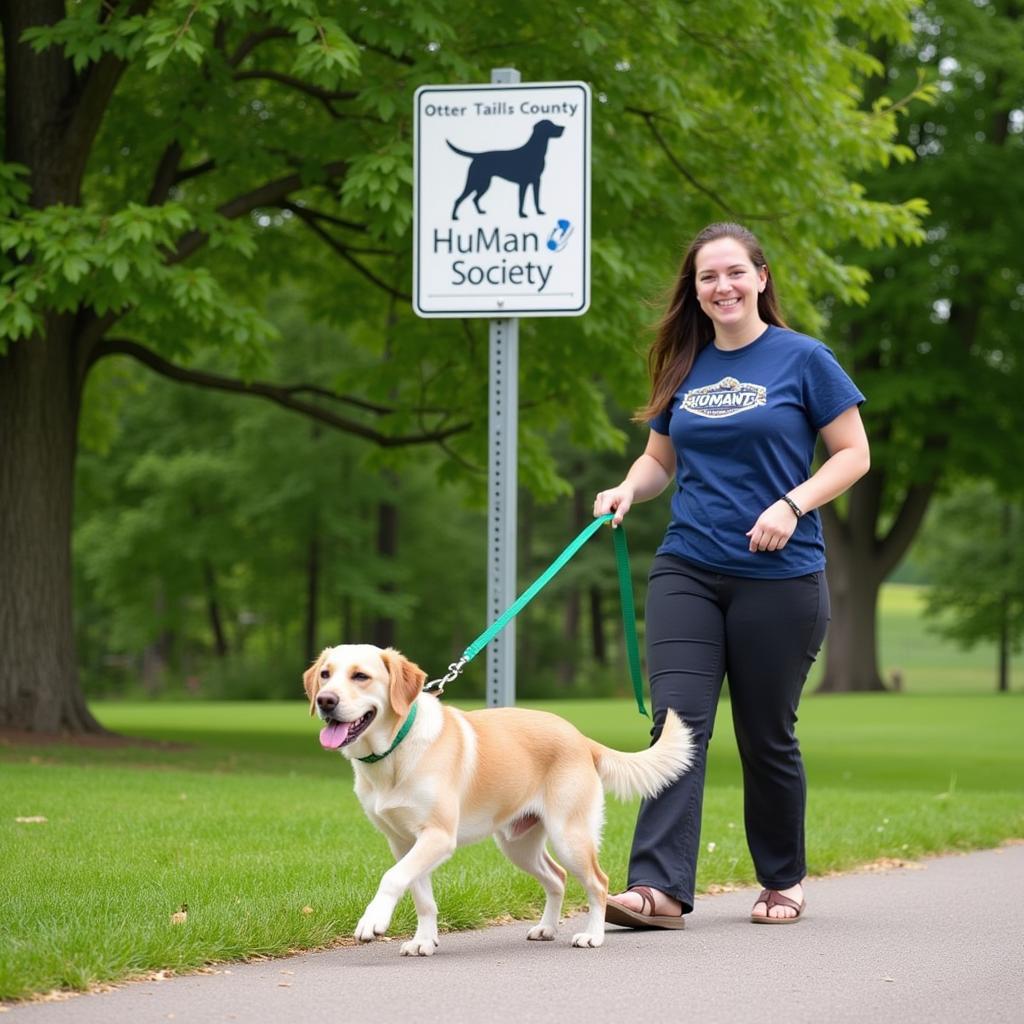 Volunteer walking a dog at the Otter Tail County Humane Society