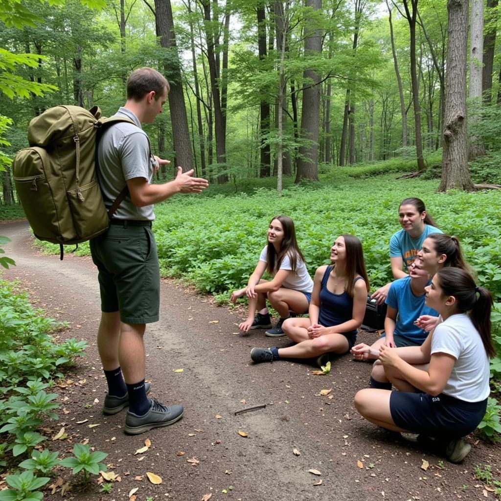 An outdoor recreation professional teaching a group about Leave No Trace principles in a wilderness setting.