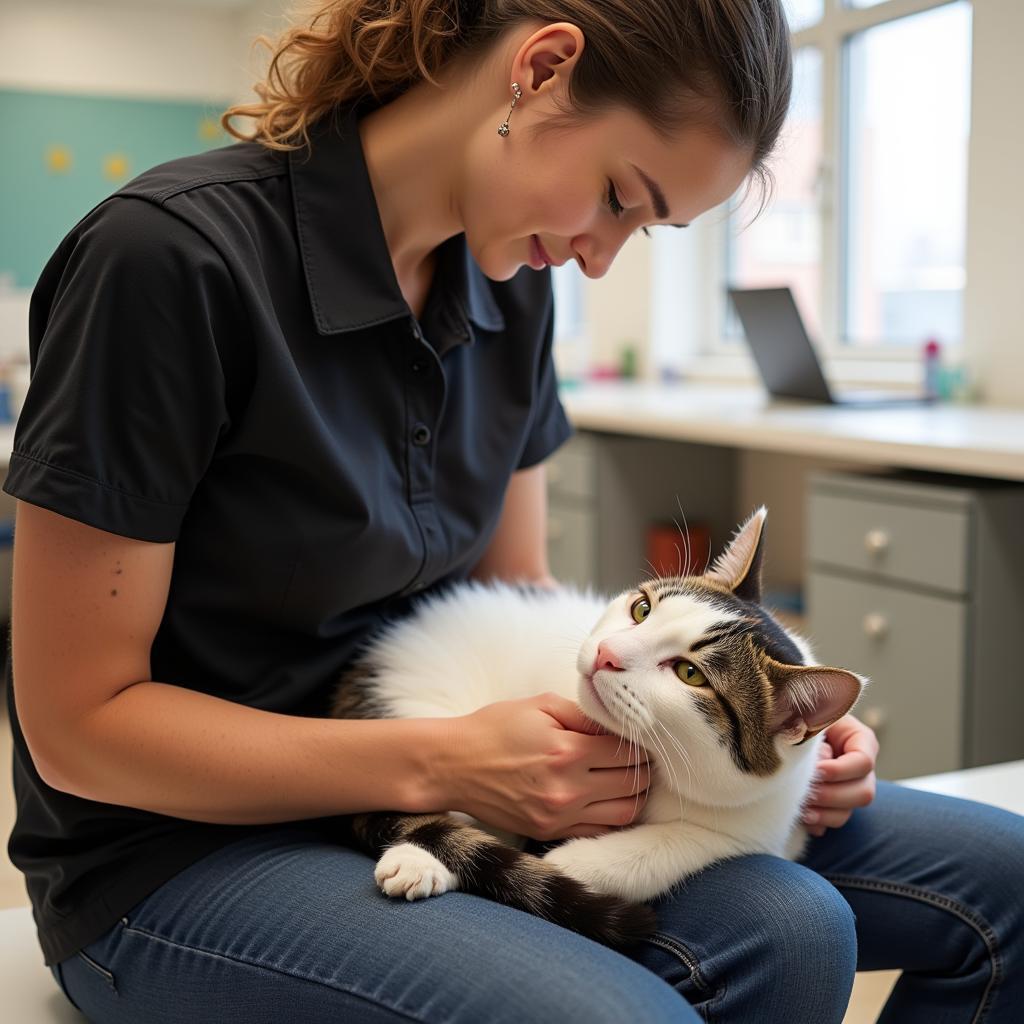 Volunteer cuddling a cat at the Pasadena Humane Society